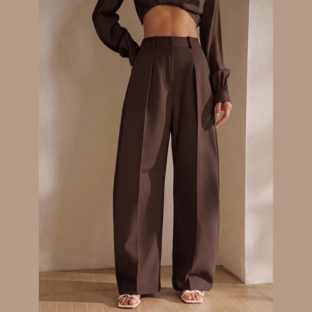Espresso Brown Pleated Wide Barrel Leg High Waist Trouser Pants